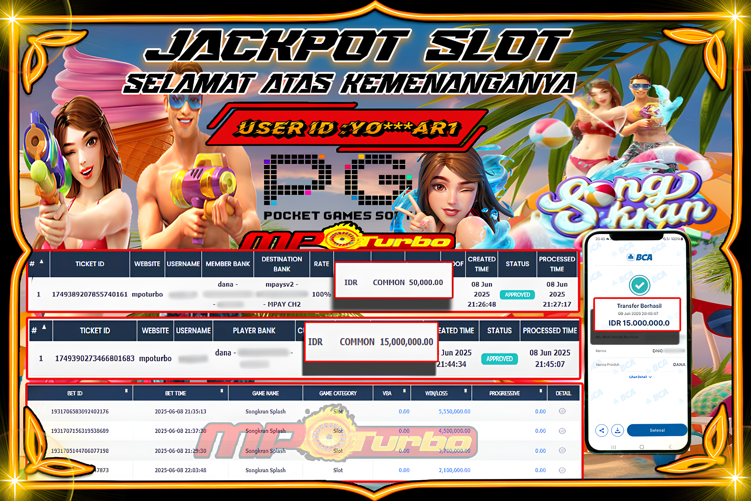 MPOTURBO JACKPOT SLOT SONGKRAN SPLASH- PG SOFT Rp 15,000,000.00,- LUNAS